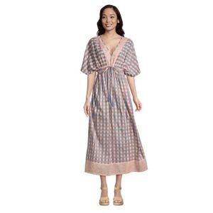 World Market Orange Purple Gingham Cotton Kaftan Maxi Dress Floral Boho Feminine